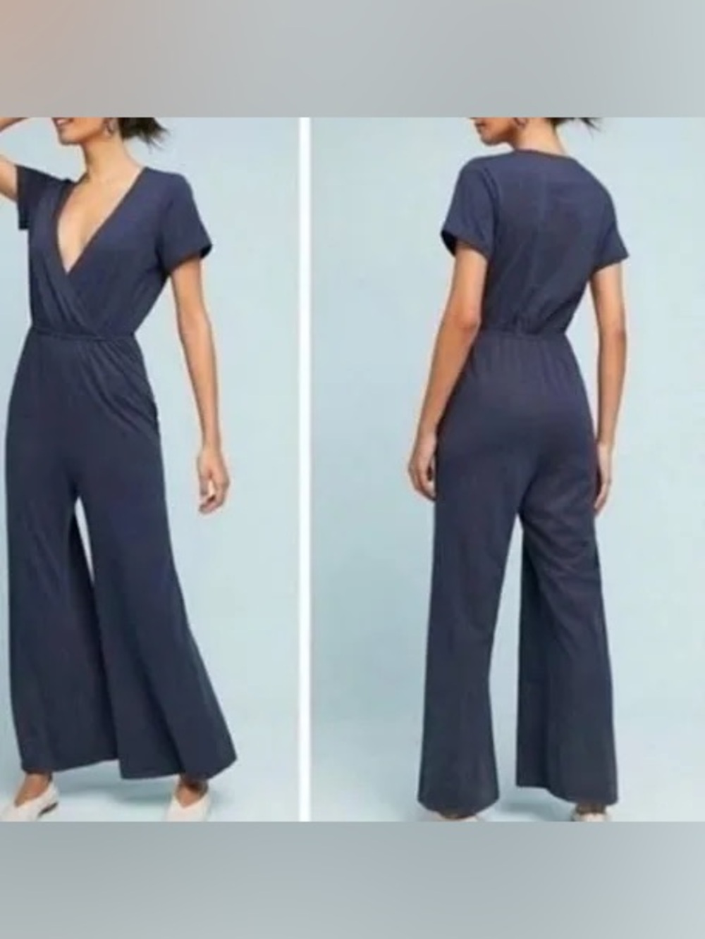 Anthropologie Navy V‑Neck Wide‑Leg Jumpsuit